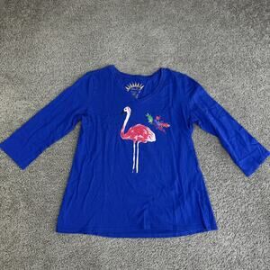 Sun Bay Shirt Womens Small Blue V Neck 3/4 Sleeve Flamingo Tunic Tagless UV